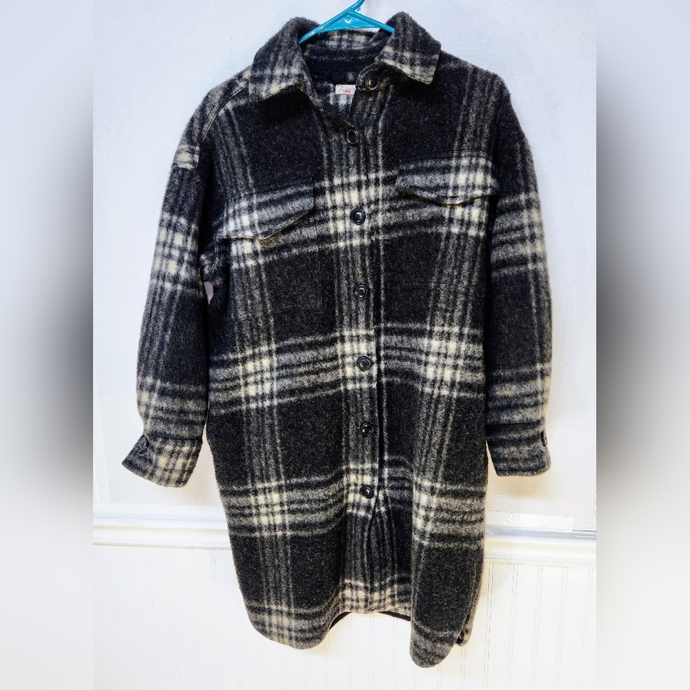 Faherty Cornwall Blanket Wool Blend Overcoat Gray Plaid Pockets Womens XS 0155
